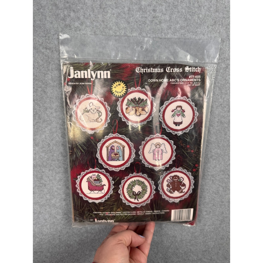 Vintage Janlynn Cross Stitch‎ Kit 8 Pc Down Home ABCs Christmas Ornaments 77-605